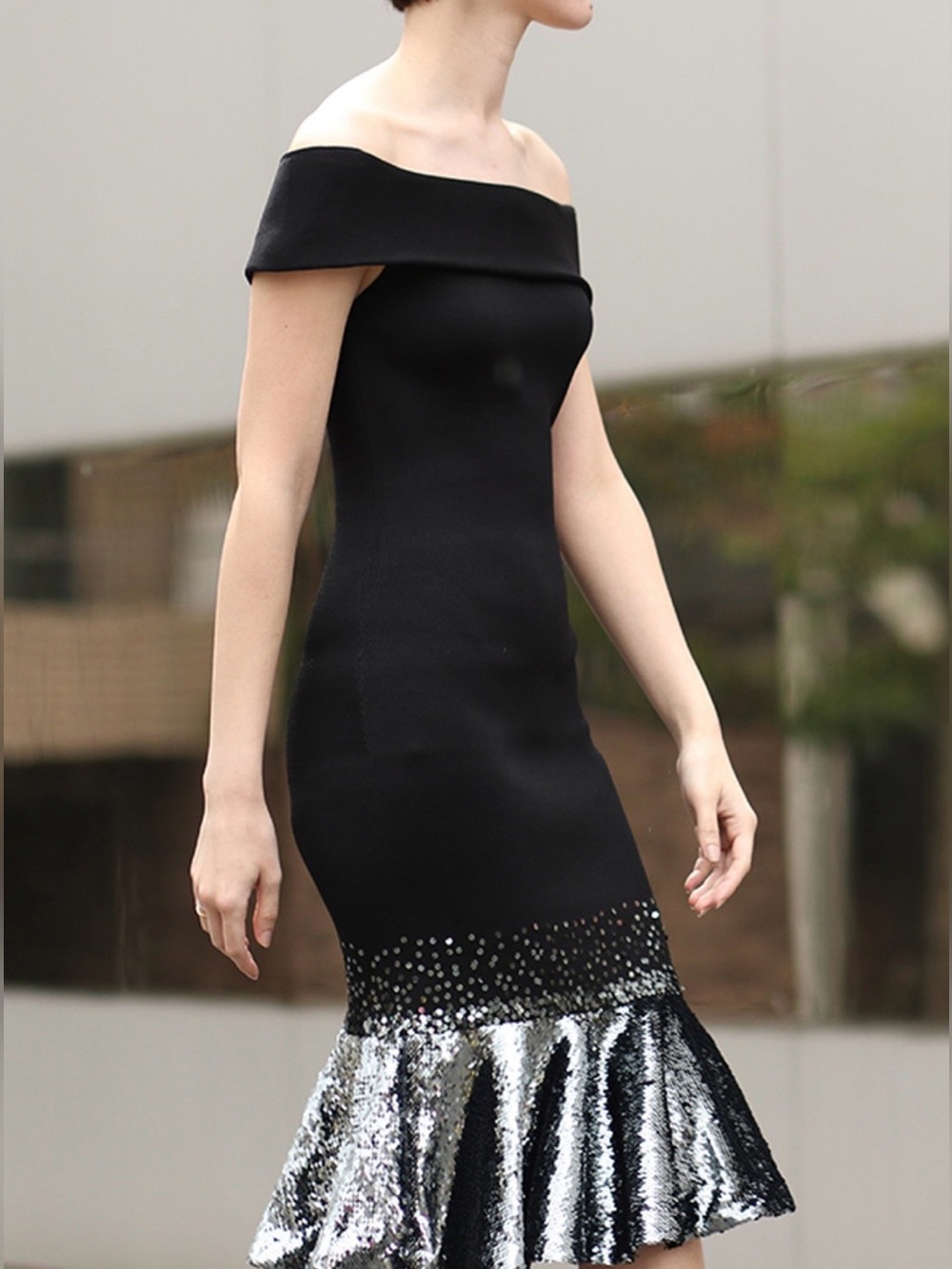 NWT Sachin & Babi off-shoulder black dress with a sequin embellished hem Falisia